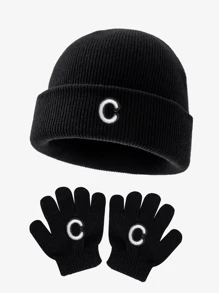 2 件/套儿童 26 个字母针织帽和手套套装，时尚无檐小便帽，柔软温暖的男孩和女孩冬季配饰，适合圣诞节、感恩节、生日、新年礼物 - 黑色 - 查看 26