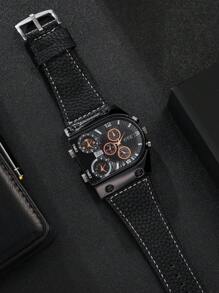 1pc Men's Leather Belt & Fashion 3-Eye Number Dial Quartz Wrist Watch Set - Black - View 4