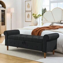 62" Bedroom Tufted Button Storage Bench Modern Fabric Upholstered Ottoman Window Bench Rolled Arm Design For Bedroom Living Room Foyer Black - Black + Fabric + Foam as Pic - View 3