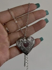 Colgante con forma de corazón romántico, abierto, de color plata, joyería futurista, marco de fotos con dije collar para mujeres y hombres, regalo para San Valentín, mamá, madre, Día de la Madre