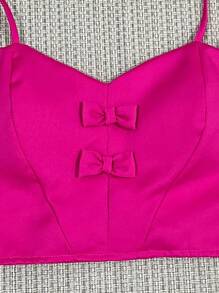 Tailored Cropped Top With 2 Bows At The Front, Elastic At The Back With Padding, Adjustable Straps, One Size Fits 38-42 - Màu Hồng Tươi - Xem 2