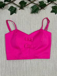 Tailored Cropped Top With 2 Bows At The Front, Elastic At The Back With Padding, Adjustable Straps, One Size Fits 38-42 - Màu Hồng Tươi - Xem 1