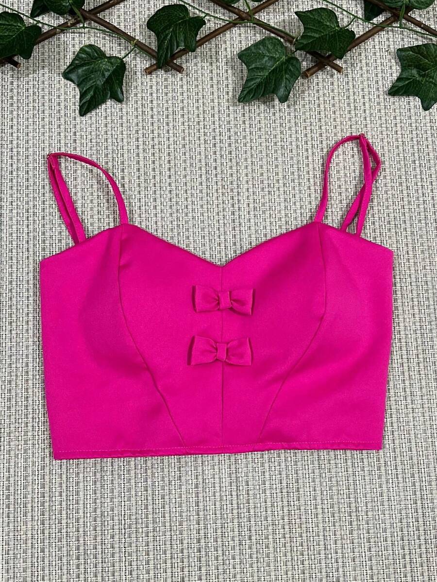 Tailored Cropped Top With 2 Bows At The Front, Elastic At The Back With Padding, Adjustable Straps, One Size Fits 38-42 - Màu Hồng Tươi - Xem 1