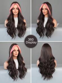 挑染粉色假发混合长波浪卷发栗棕色假发，带窗帘刘海，蓬松自然高密度假发，合成耐热纤维假发，适合女性和女孩日常派对使用 28 英寸/69 厘米（1 个假发帽） - 挑染粉色 - 查看 4