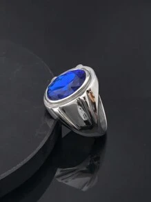 Anillo de alta calidad enchapado en oro de 18 quilates de acero inoxidable 316 con cristal azul de zafiro sintético, para hombres y mujeres