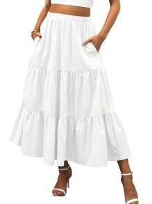 Women's Summer Bohemian Pleated A Word Elegant Swing Layered Long Skirt With Pockets - 白色 - 查看 1
