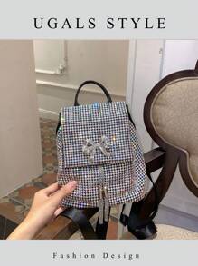 Student-Friendly Fashionable Rhinestone Dual-Shoulder Backpack With Elegant Bowknot & Dangling Tassel Accents, Perfect For Casual Daily Wear & Special Events, School Backpack - Multicolor - View 4