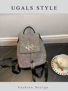 Student-Friendly Fashionable Rhinestone Dual-Shoulder Backpack With Elegant Bowknot & Dangling Tassel Accents, Perfect For Casual Daily Wear & Special Events, School Backpack - Multicolor - View 3