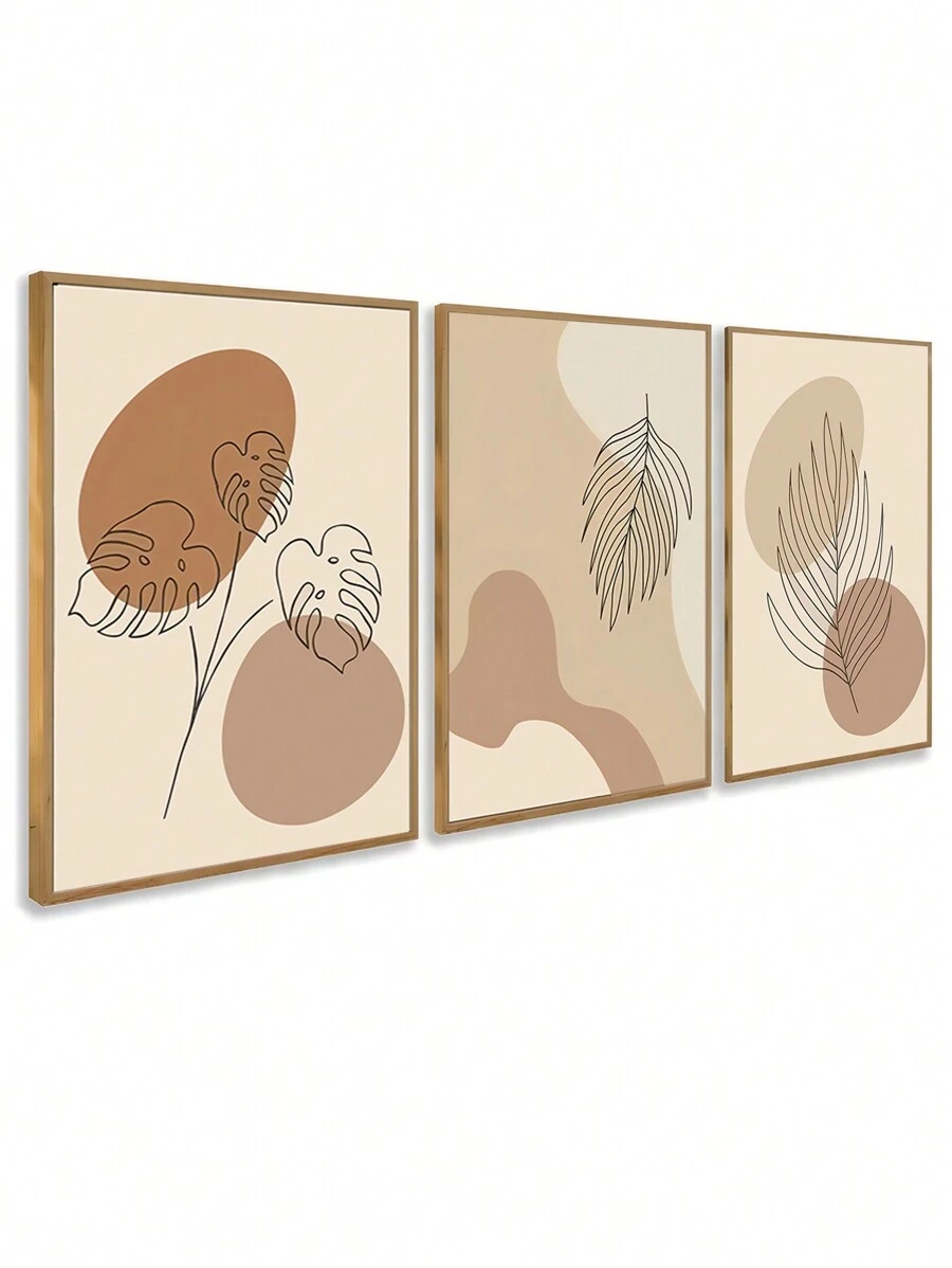 Kit 3 Decorative Frames Art Leaves Adam's Rib One Line Minimalist Modern Decoration - 摩卡棕 - 查看 1