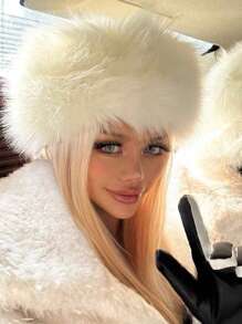 Solid Fuzzy Winter Fluffy Hat Vintage - White - View 4