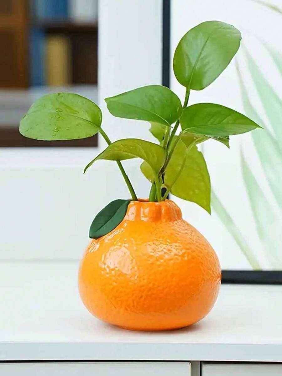 1 pieza Jarrón de cerámica con forma de naranja para hidroponía, accesorio de decoración de escritorio, decoración del hogar, decoración de fiesta festiva, decoración de habitación, jarrón de flores, jarrón de vidrio - Naranja - Ver 1