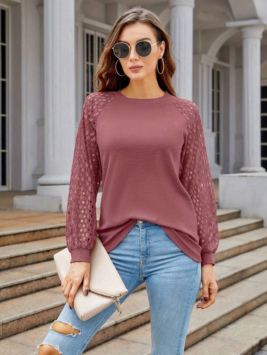 Women's Waffle Knit Blouse Puff Long Sleeve Hollow-Out Lace Tops Casual Loose T Shirts - 粉色 - 查看 1