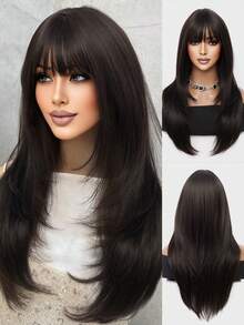 Tóc giả màu đen nâu thanh lịch đơn giản bằng sợi hóa học chịu nhiệt tóc giả dài thẳng nhiều lớp tóc giả 26 inch tự nhiên có mái tóc hàng ngày cho phụ nữ dự tiệc tóc tự nhiên dễ thương và ngọt ngào tóc giả chịu nhiệt - Black-brown - Xem 1