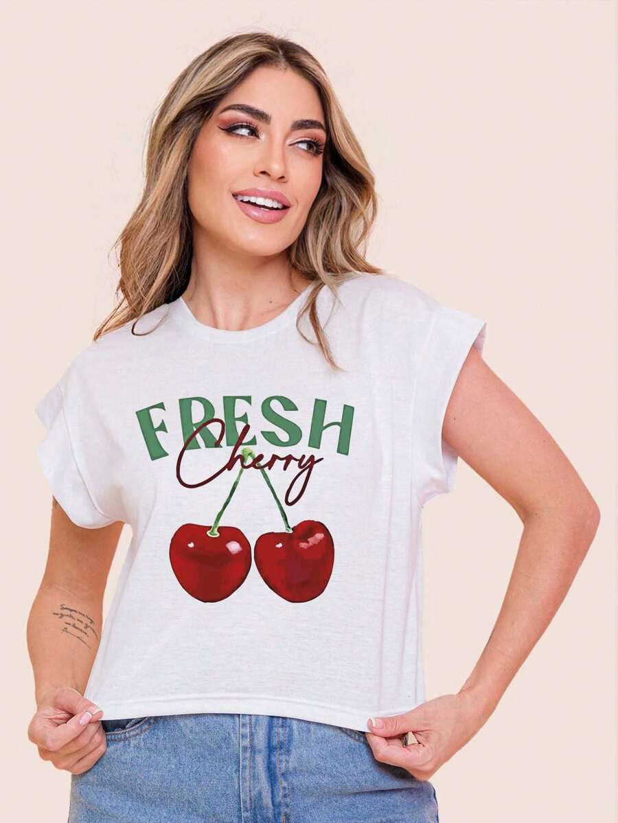 Fresh Cherry Printed Women's Crop Top - White - View 1
