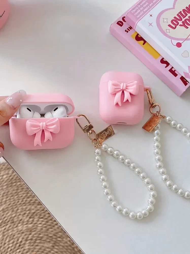 リボン Bluetooth イヤホンケース 3D ピンクリボン/フラワー ソフト