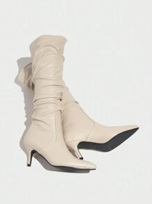 2025 New Fashion Comfortable Versatile Solid Color Pleated Slip-On High Heel Long Boots For Women, Suitable For Any Occasions