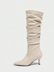 2025 New Fashion Comfortable Versatile Solid Color Pleated Slip-On High Heel Long Boots For Women, Suitable For Any Occasions
