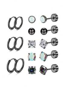8 Pairs Of Medical Stainless Steel Earrings For Sensitive Ears, Small Opal Balls CZ Flat Back Stud Earrings, Hypoallergenic Hoop Earrings For Men And Women 20G Cartilage Earrings - Earring Set - View 12