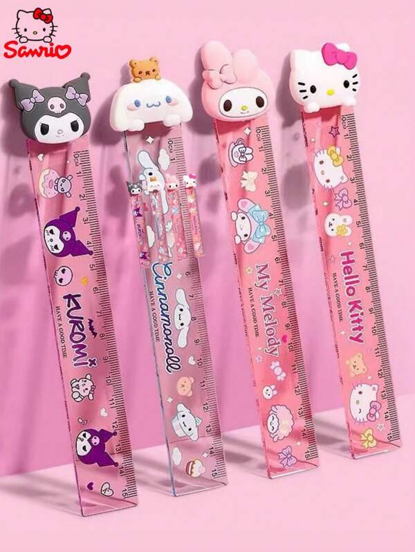 Sanrio 4 peças de régua de 15 cm, papelaria criativa de desenho animado de acrílico fofo