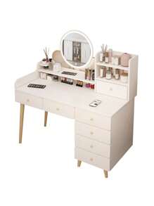 Tocador Compacto Moderno Con Espejo Led 7 Cajones Silla 113x40x100cm - Blanco - Ver 2