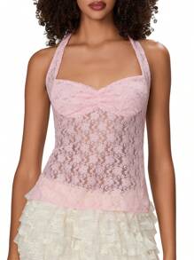 Women's Y2K Sexy Halter Tank Tops Slim Fit Lace See Through Backless Tie Up Sleeveless Vests Summer Going Out Crop Tops Streetwear Clubwear - 粉色 - 查看 2