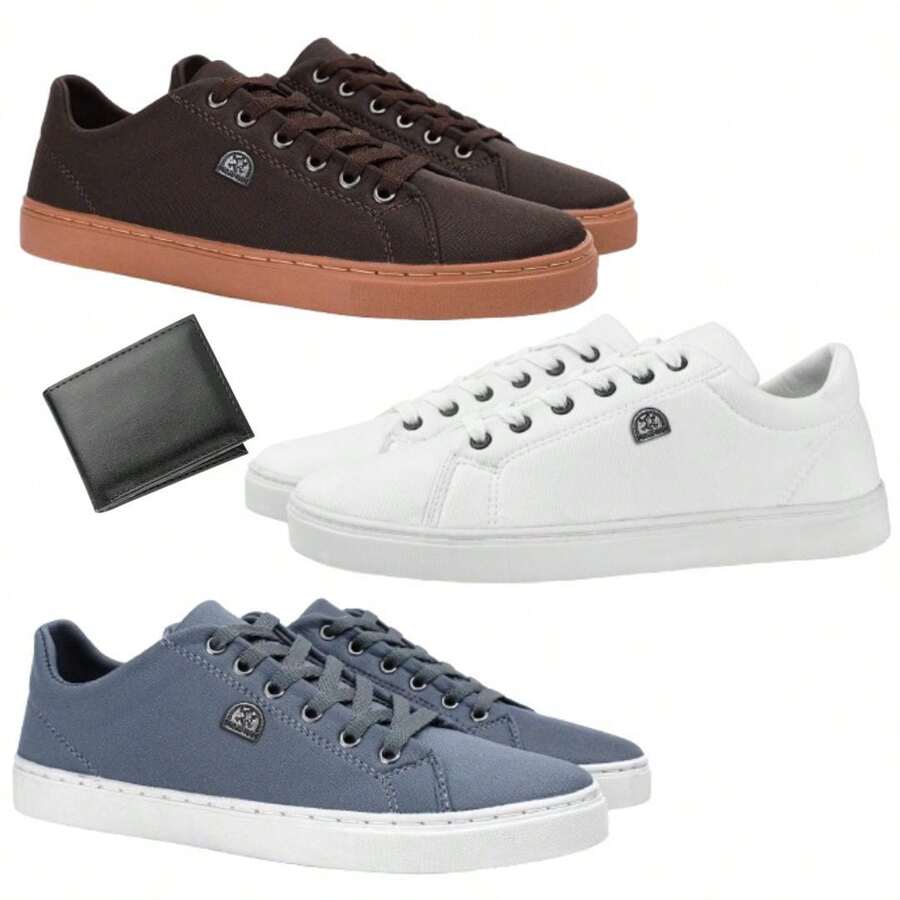 Kit 3 Men's Social Casual Sport Thin Low-Top Sneakers + Wallet - 白色 - 查看 1