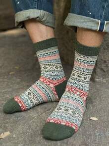 5 双儿童/青少年男孩复古日式工装风格中筒袜，印花，时尚欧美风格，秋冬 - 彩色 - 查看 5