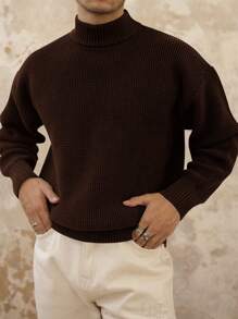 Men's Vintage Casual High Neck Sweater - Brown - View 1
