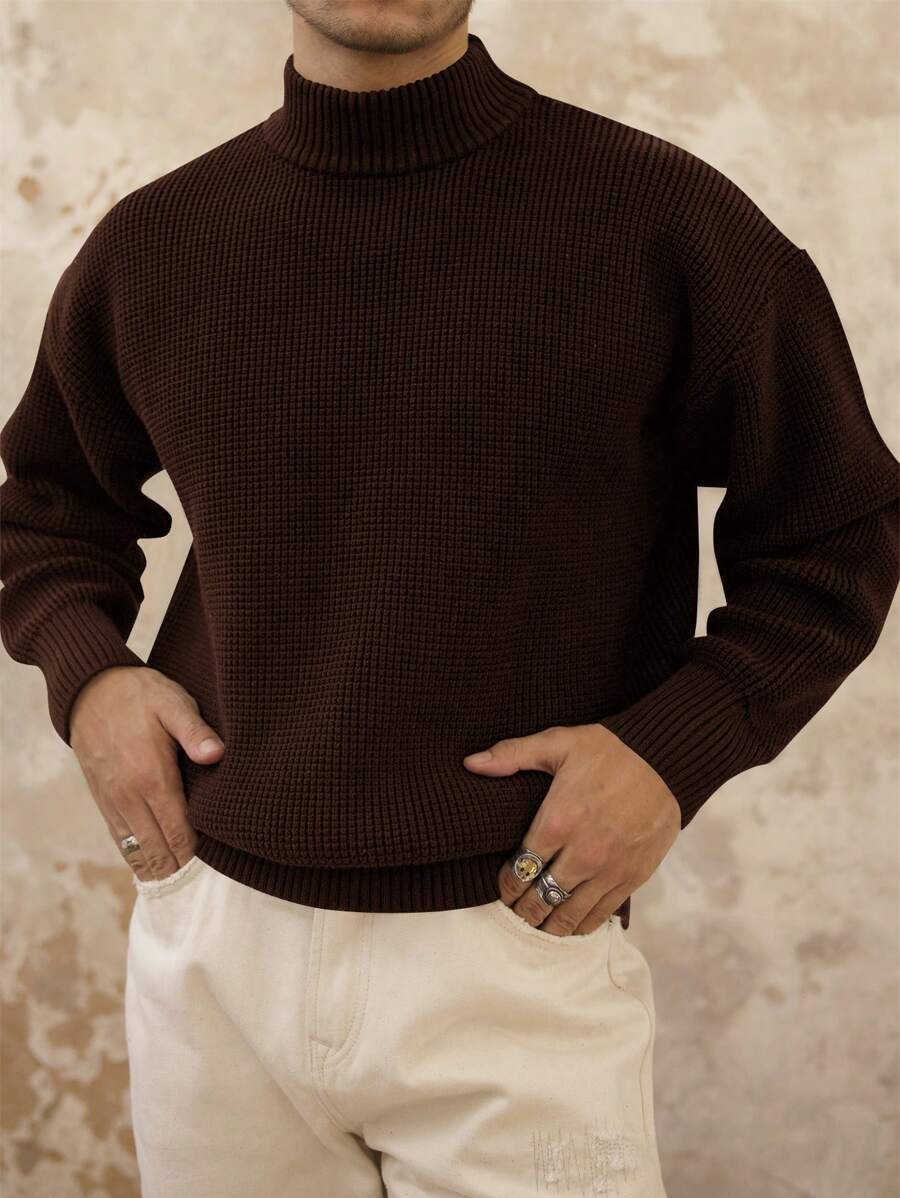 Men's Vintage Casual High Neck Sweater - Brown - View 1