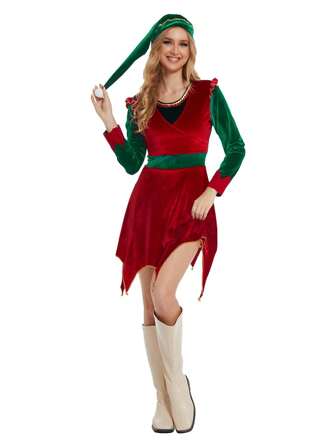 Christmas Elf Costume Set For Women, Contrast Long Sleeve Irregular Hem Dress Hat For Christmas Halloween Party