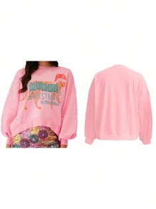 Women's Christmas Loose Pullover Sparkly Rhinestone Letter Print Long Sleeve Crew Neck Sweatshirt