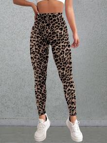 女士时尚豹纹数码印花荷叶边修身打底裤 - 咖啡棕 - 查看 5