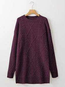 Acelitt Autumn/Winter Women's Burgundy Solid Color Knitted Textured Pattern Dropped Shoulder Oversized Sweater Dress, Order One Size Down