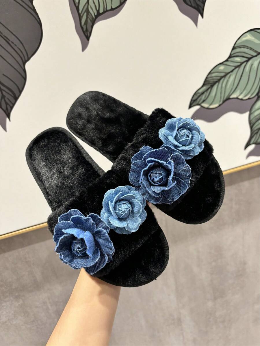 圣诞卡通可爱毛绒家居拖鞋，新款时尚平底防滑女士黑色拖鞋，适合室内和室外穿着 - 黑色 - 查看 1