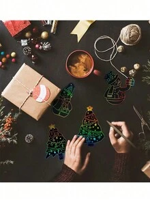 12pcs Christmas Scratch Art Decoration Set - Rainbow Scratch Paper With Ribbons And Wooden Pencils, No Power Required DIY Christmas Craft Kit, Christmas Hanging Art And Craft Party Supplies, Classroom Christmas Tree Decor - Multicolor - View 4