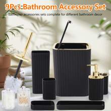 9件套金色/竹子浴室配件，黑色/白色浴室配件套装，配有牙刷架，漱口杯，皂液瓶，托盘，皂盒，按压式垃圾桶，马桶刷家居浴室装饰浴室配件浴室收纳夏季返校收纳 - 黑色 - 查看 3