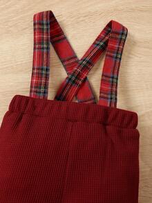 3pcs Christmas Outfit For Baby Boys: Lapel Long Sleeve Cotton Blend Jumpsuit, Plaid Overalls With Suspenders, Santa Hat, Christmas & New Year Gift - Burgundy - View 8