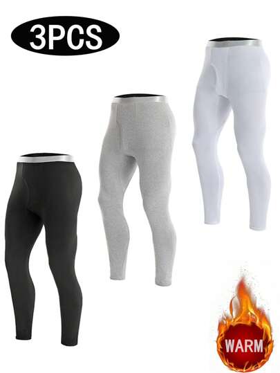 男士时尚混色薄款保暖内衣三件套，弹力运动修身打底裤，秋冬季保暖长裤