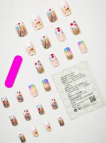 24Pcs Minimalist Ombre Colorful Dot & Line Design Short Fake Nails, Fashionable And Suitable For Everyday Wear, Work, Afternoon Tea And Outings Press On Nails Nail Supplies Nails - Multicolor - View 2