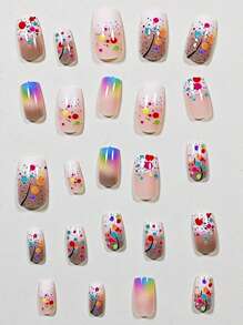 24Pcs Minimalist Ombre Colorful Dot & Line Design Short Fake Nails, Fashionable And Suitable For Everyday Wear, Work, Afternoon Tea And Outings Press On Nails Nail Supplies Nails - Multicolor - View 3