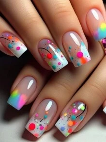 24Pcs Minimalist Ombre Colorful Dot & Line Design Short Fake Nails, Fashionable And Suitable For Everyday Wear, Work, Afternoon Tea And Outings Press On Nails Nail Supplies Nails - Multicolor - View 1