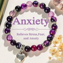 紫色条纹玛瑙心形配饰手链祝福卡幸运财富适合日常佩戴和送礼 - 紫色 - 查看 1