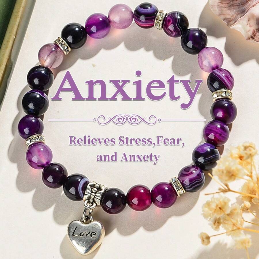 紫色条纹玛瑙心形配饰手链祝福卡幸运财富适合日常佩戴和送礼 - 紫色 - 查看 1