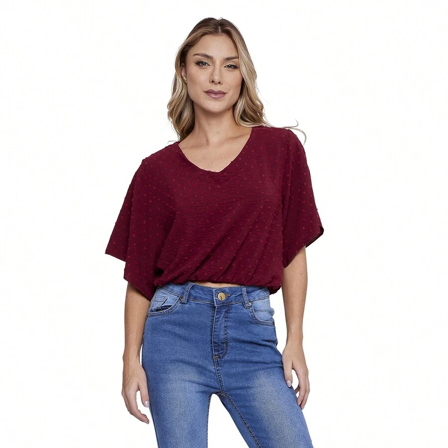 Women's Popcorn Blouse Duna Fabric Shirt Puff Sleeve Blouse Evangelical Fashion Elastic Waistband - 酒紅色 - 查看 1