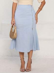 Linen Midi Skirt With Mermaid Hem, Slit And Side Zipper Detail - Màu xanh nhạt - Xem 1
