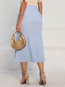 Linen Midi Skirt With Mermaid Hem, Slit And Side Zipper Detail - Màu xanh nhạt - Xem 2
