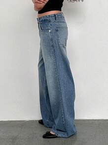 Women Wide Leg Jeans Low Rise Baggy Straight Leg Jeans Loose Boyfriend Jeans Casual Denim Pants Y2k Streetwear - 藍色 - 查看 3