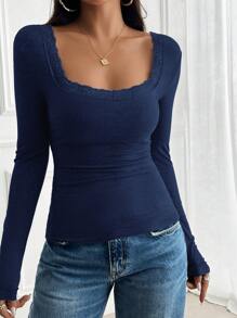 Women's Y2K Lace Crew Neck Knit Long Sleeve Top, Casual & Sexy, Suitable For Back To School Season, Autumn - Navy Blue - View 4