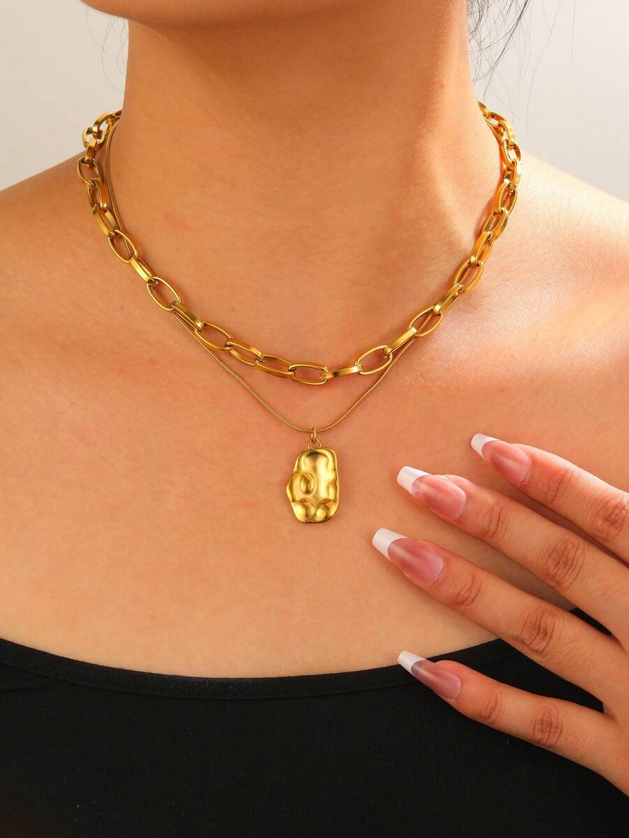 1 件欧式风格不锈钢几何多层链项链吊坠 - 金黃色 - 查看 1