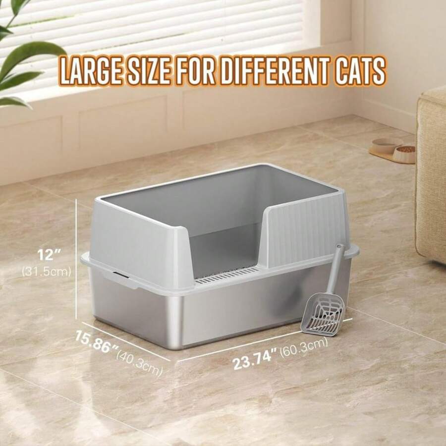 Extra Large Stainless Steel Cat Litter Box With Lid, High Sided Metal